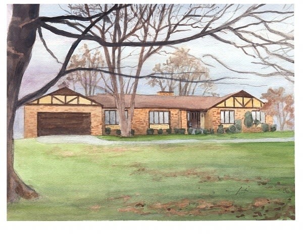 childhood home watercolor portrait from a photo by portrait artist Mike Theuer