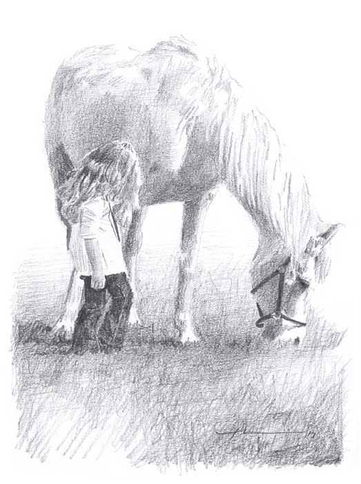 girl and horse pencil portrait from a photo by portrait artist Mike Theuer