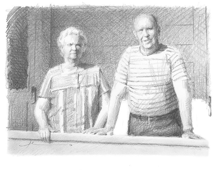 grandparents on the porch pencil portrait mike theuer
