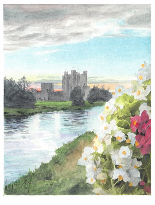 irish castle flowers river watercolor painting from a photo by portrait artist Mike Theuer