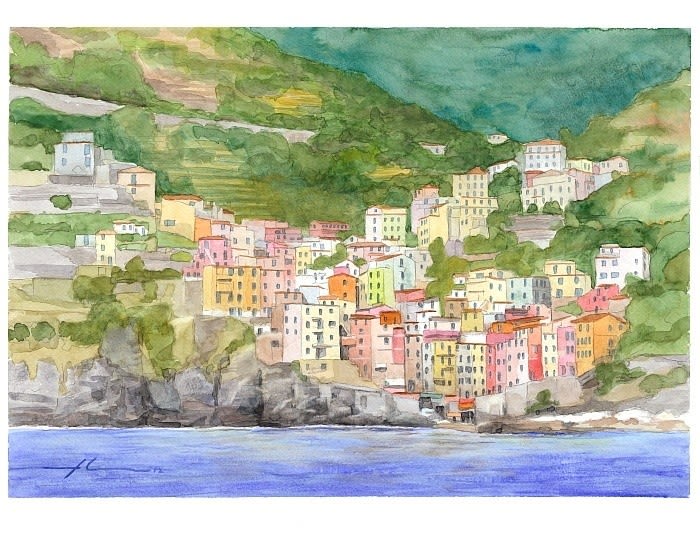 italian village watercolor painting from a photo by portrait artist Mike Theuer