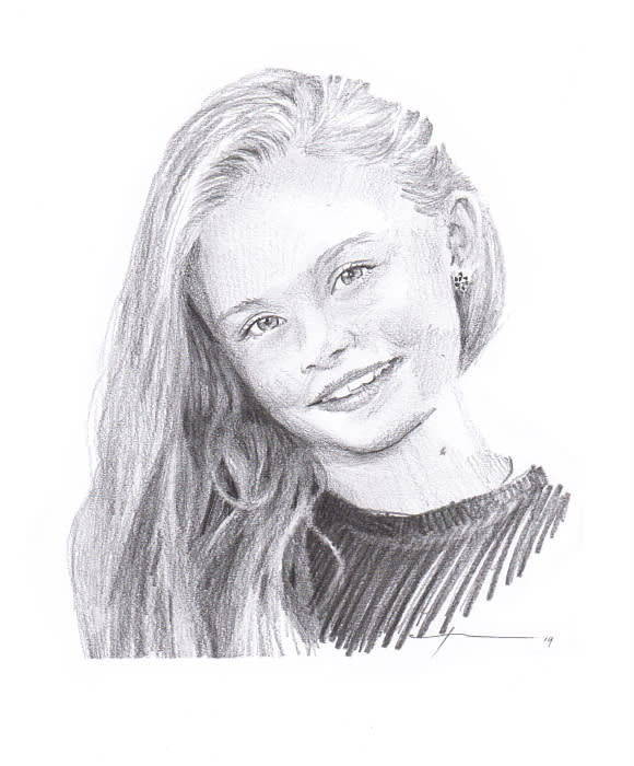 long blonde hair granddaughter tilting head pencil portrait from a photo by portrait artist Mike Theuer