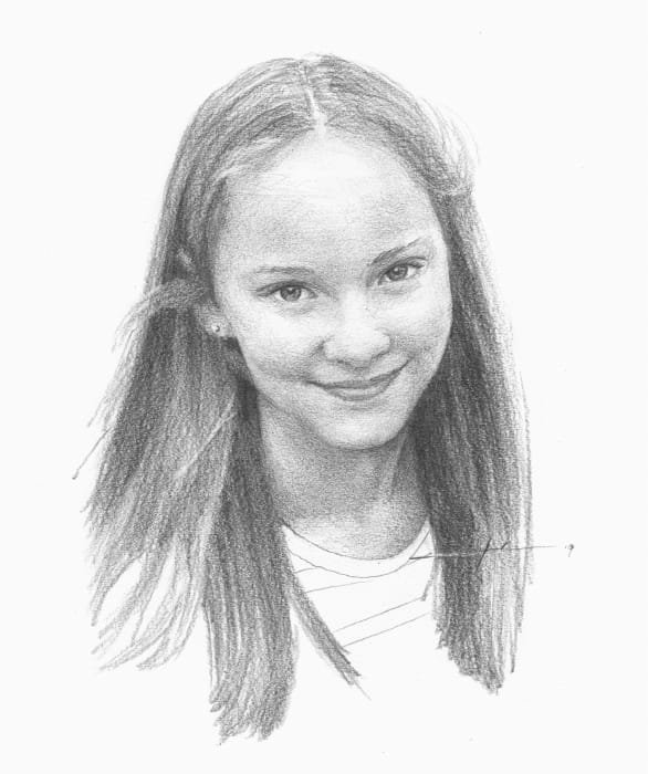 long brown hair granddaughter pencil portrait from a photo by portrait artist Mike Theuer