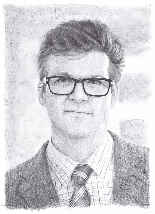 man tie glasses pencil portrait from a photo by portrait artist Mike Theuer