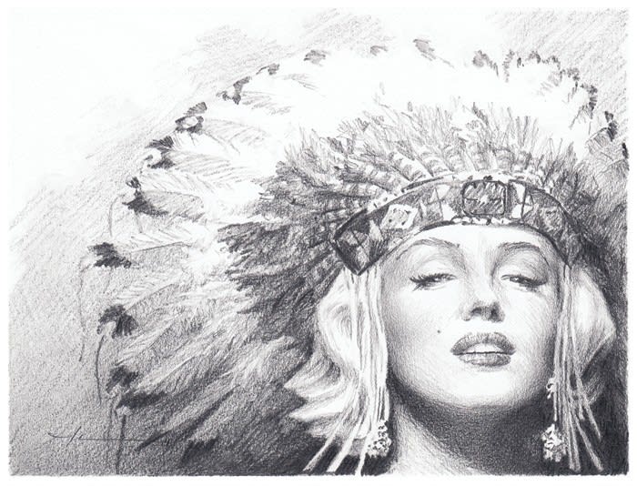 marilyn monroe in a headdress pencil portrait mike theuer