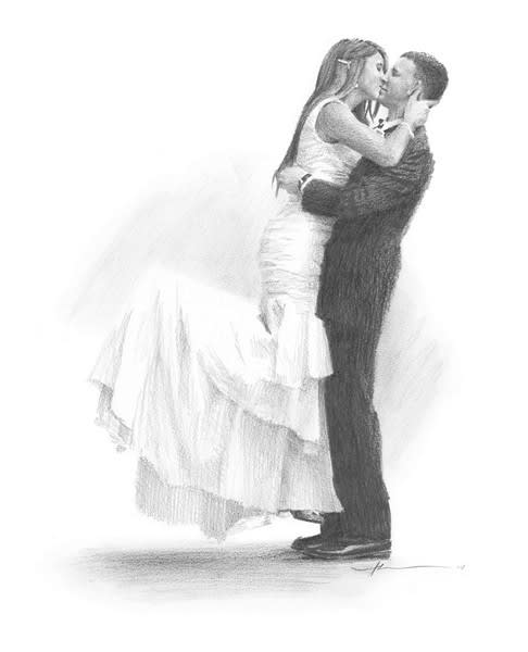 kissing newlyweds pencil portrait mike theuer