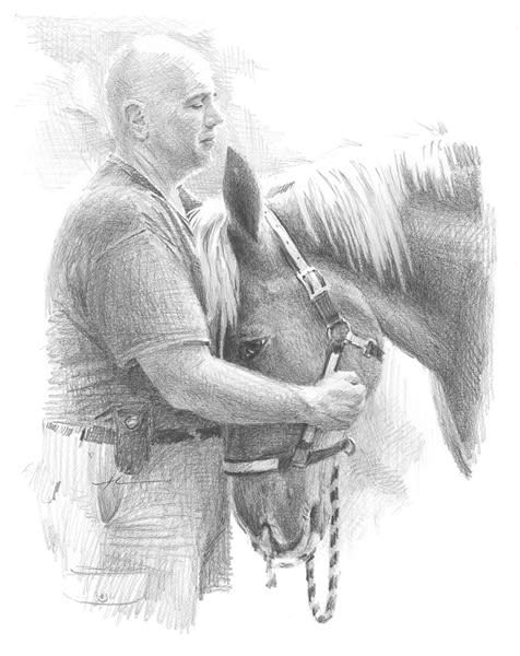 man and horse pencil portrait from a photo by portrait artist Mike Theuer
