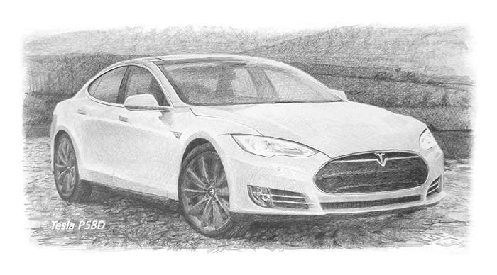 tesla P58D electric car pencil drawing mike theuer