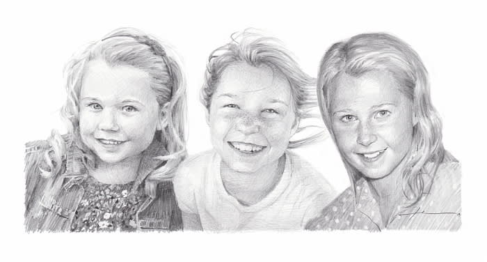 three young sisters pencil portrait from a photo by portrait artist Mike Theuer