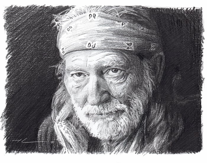 willie nelson BLACK pencil portrait from a photo by portrait artist Mike Theuer