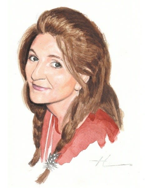 woman braids watercolor portrait from a photo by portrait artist Mike Theuer
