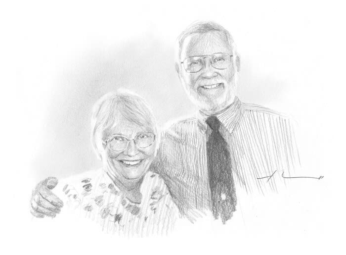 Pencil family portrait from a photo of grandparents by portrait artist Mike Theuer