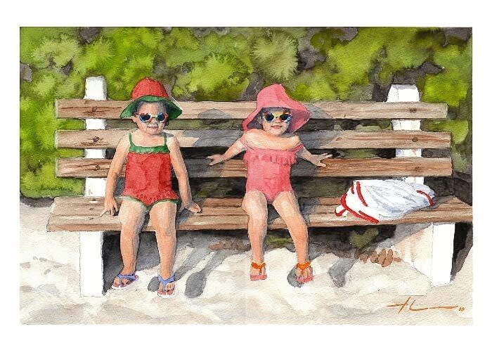 Watercolor family portrait from a photo toddle twin girls at the beach by portrait artist Mike Theuer