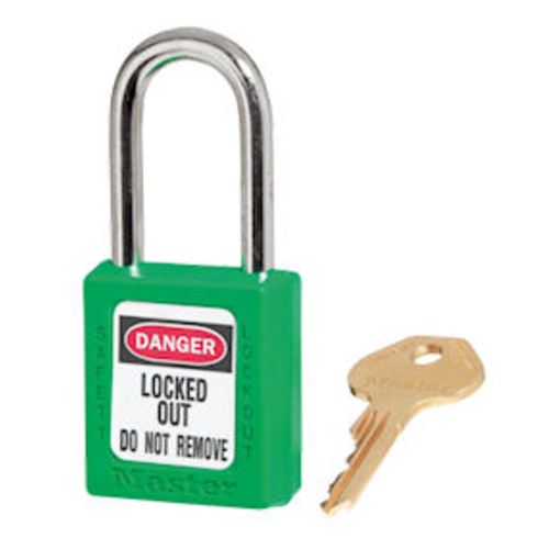 Green Safety Padlock short Zenex body. 1/4 x 1-1/2 shackle. Padlock, Zenex, Plastic, KD, Lockout, Tagout, Master Lock, Green