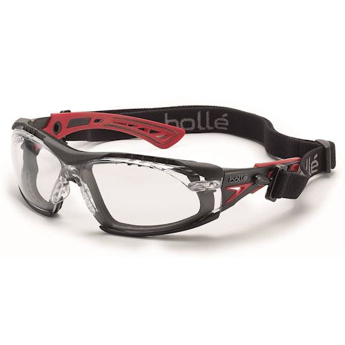 Rush+ Safety Glasses with Strap - Red/Black Temples - Clear Platinum Anti-Fog Lens