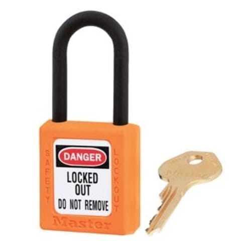 Orange Safety Dielectric Padlock, short Zenex body.. Padlock, Zenex, Plastic, KD, Lockout, Tagout, Master Lock, Orange, Plastic Shackle