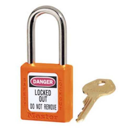 Orange Safety Padlock short Zenex body. 1/4 x 1-1/2 shackle. Padlock, Zenex, Plastic, KD, Lockout, Tagout, Master Lock, Orange