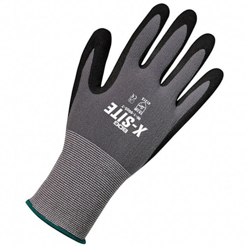 Seamless Knit Glove, Grey Nylon, Black Foam Nitrile Plam