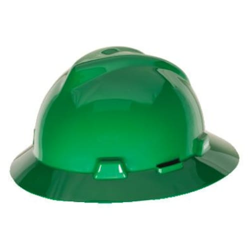 Protective hat, V-Gard, non-slotted, full-brim, Fas-Trac adjustable ratchet suspension, green