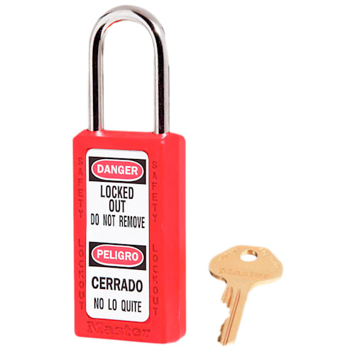 KA Red Safety Padlock Zenex body. 1/4 x 1-1/2 shackle. Padlock, Zenex, Plastic, Master, KA, Lockout, Tagout, Bi Lingual, Master Lock, Red