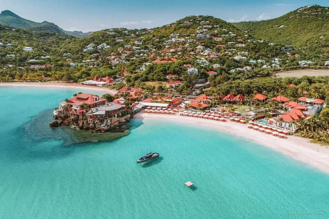 Elevated view over pretty red rooftops of town and sea, Gustavia, St.  Barthelemy (St. Barts) (St.