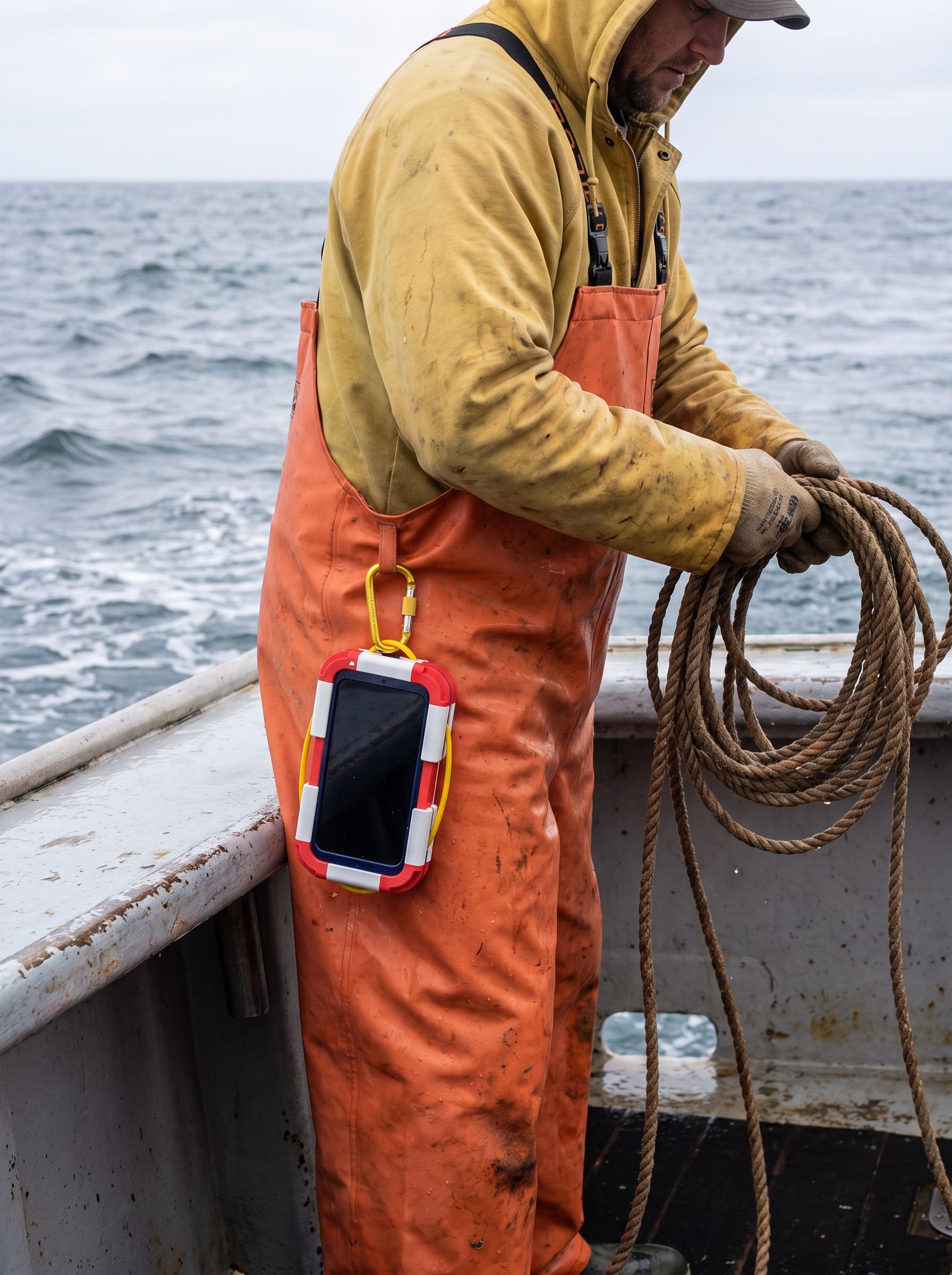 SafeCase clipped to work trousers with a yellow screw-lock carabiner through the cable loop