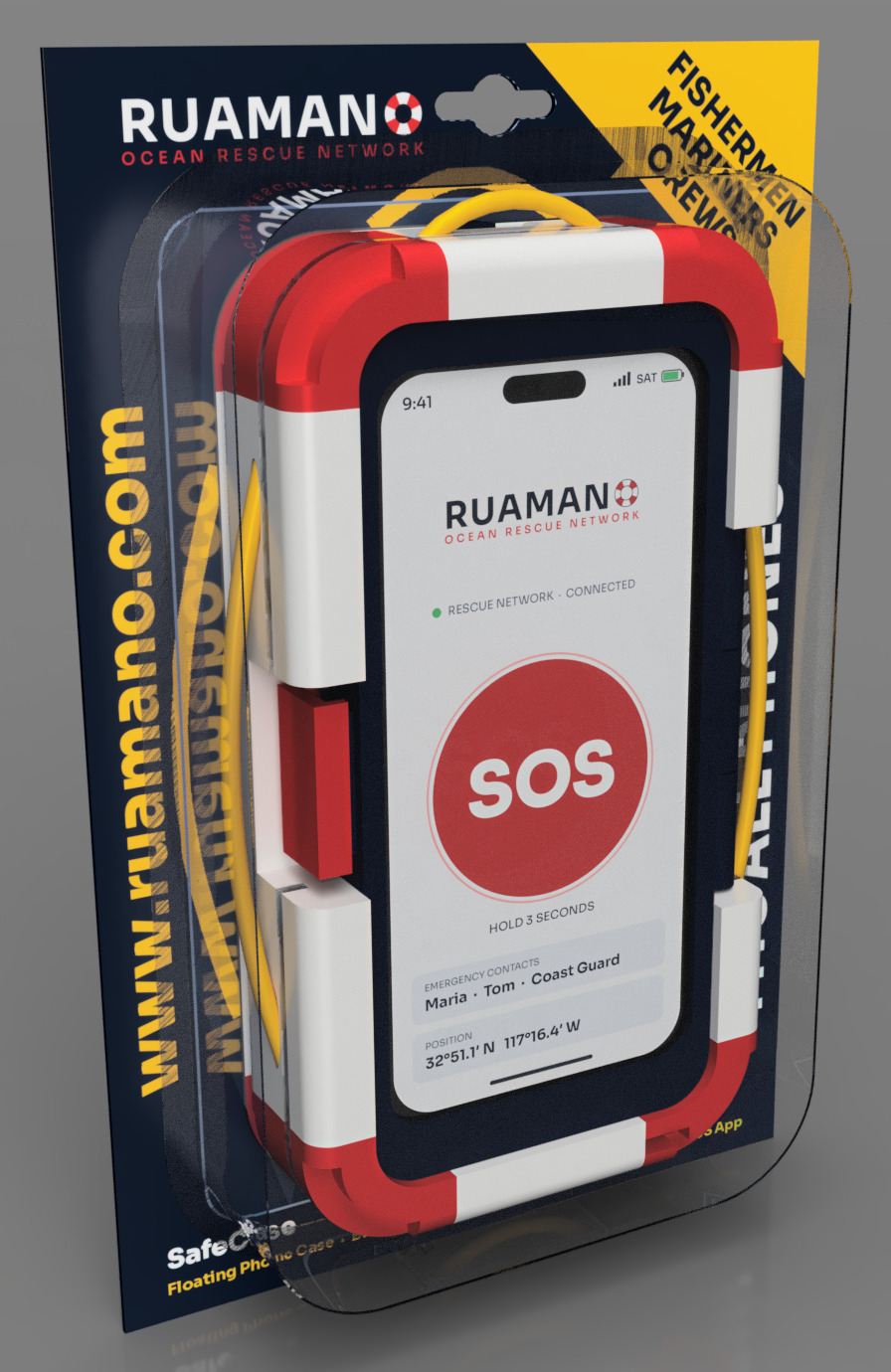 RUAMANO SafeCase retail pack showing the floating case with the SOS app on screen
