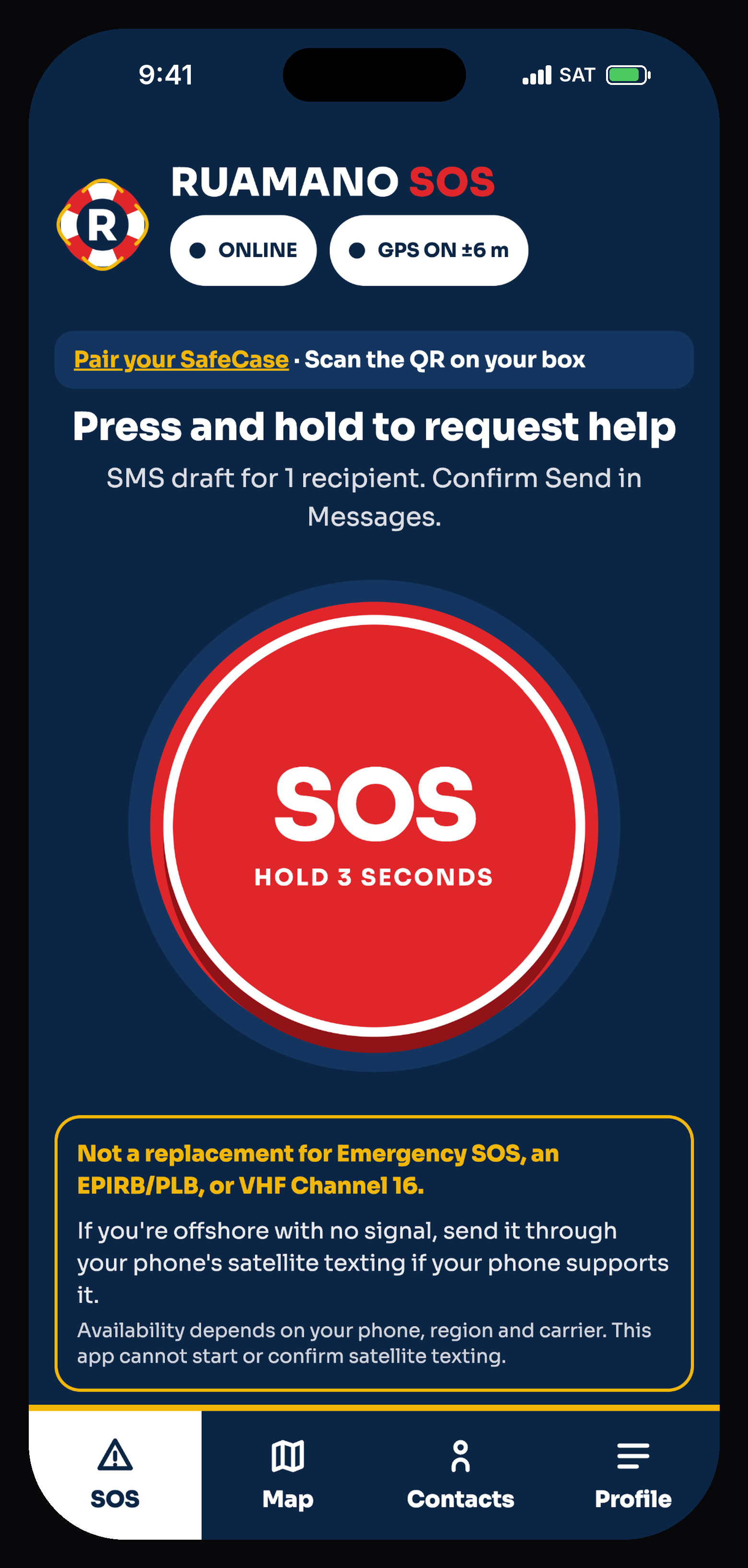 RUAMANO SOS app showing the red SOS button, emergency contacts and position