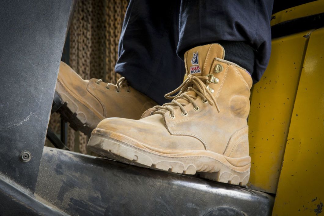 steel blue work boots on site