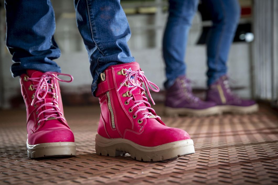 pink and purple work boots