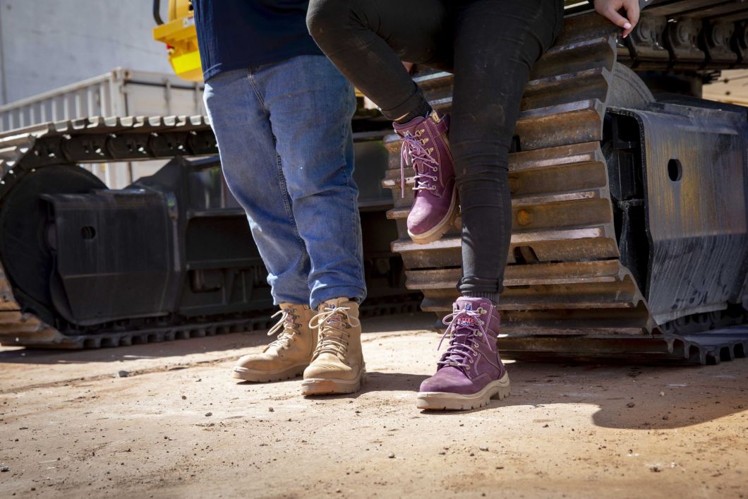 Purple and beige boots