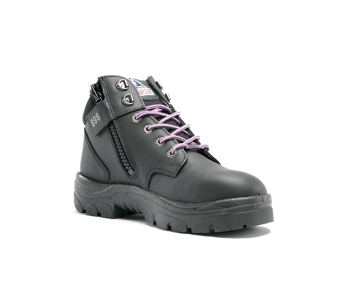 black and pink steel toe boots