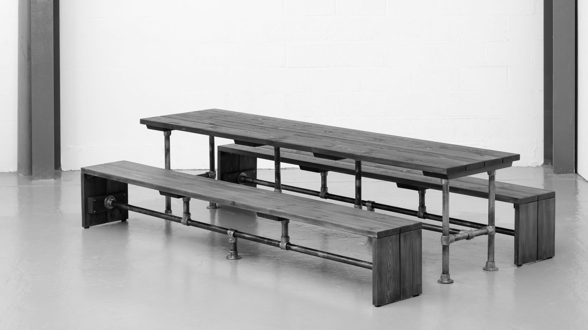 Steel vintage construction table and bench b/w