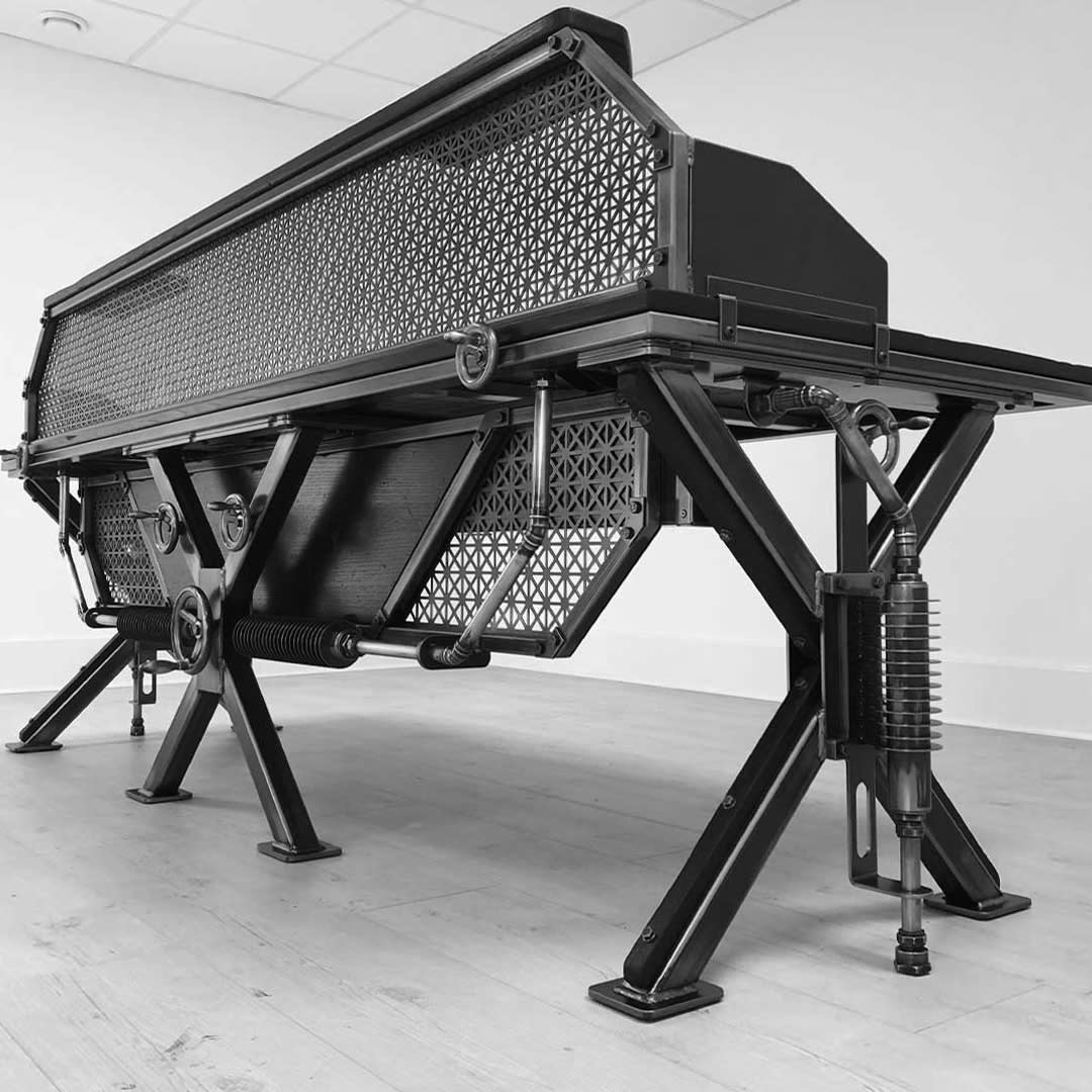 INDUSTRIAL STEAMPUNK STYLE RECEPTION DESK WITH LASER CUT SCREEN AND OAK WORKTOP BLACK AND WHITE