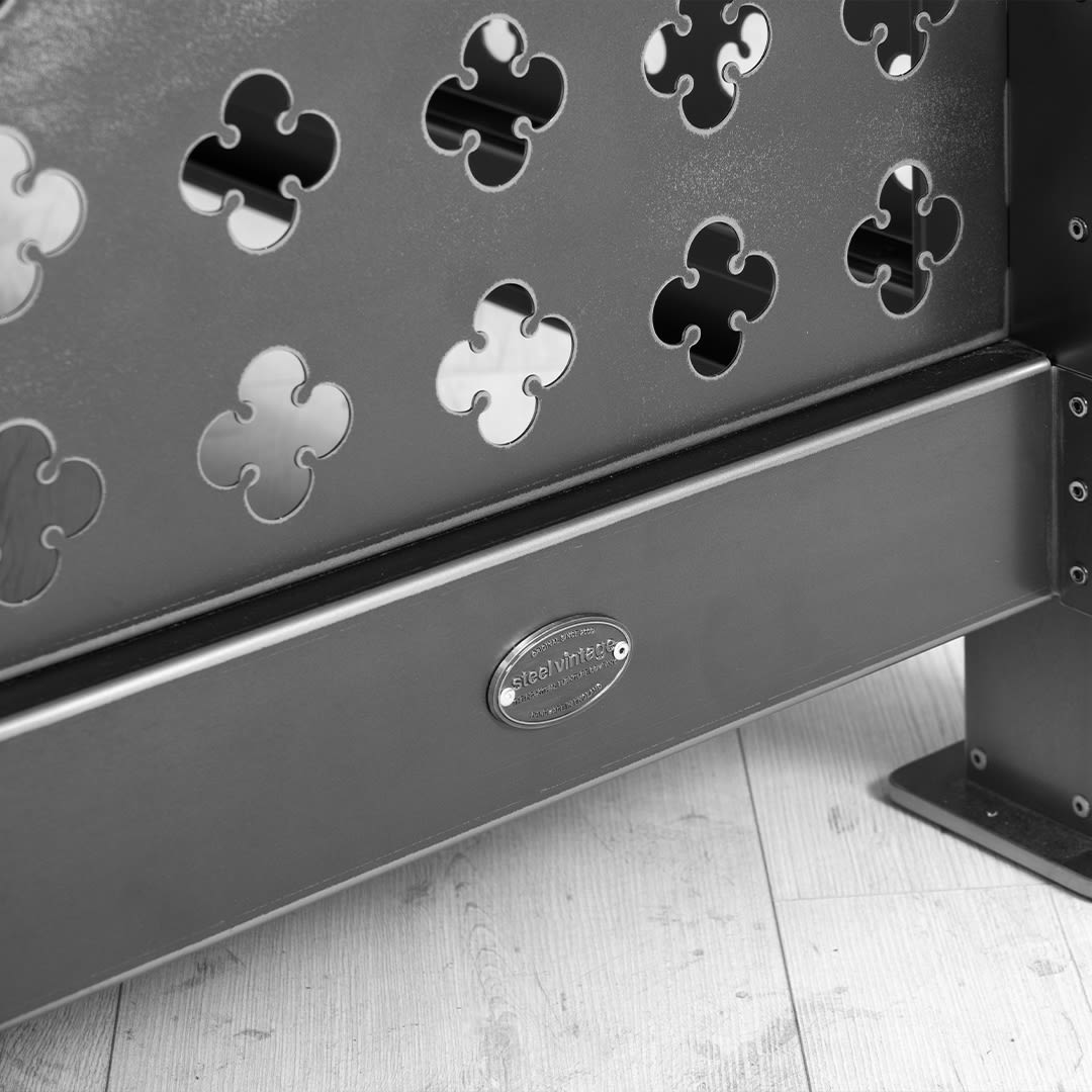 sv steel frame height adjustable corner desk with laser cut details and oak top black and white badge