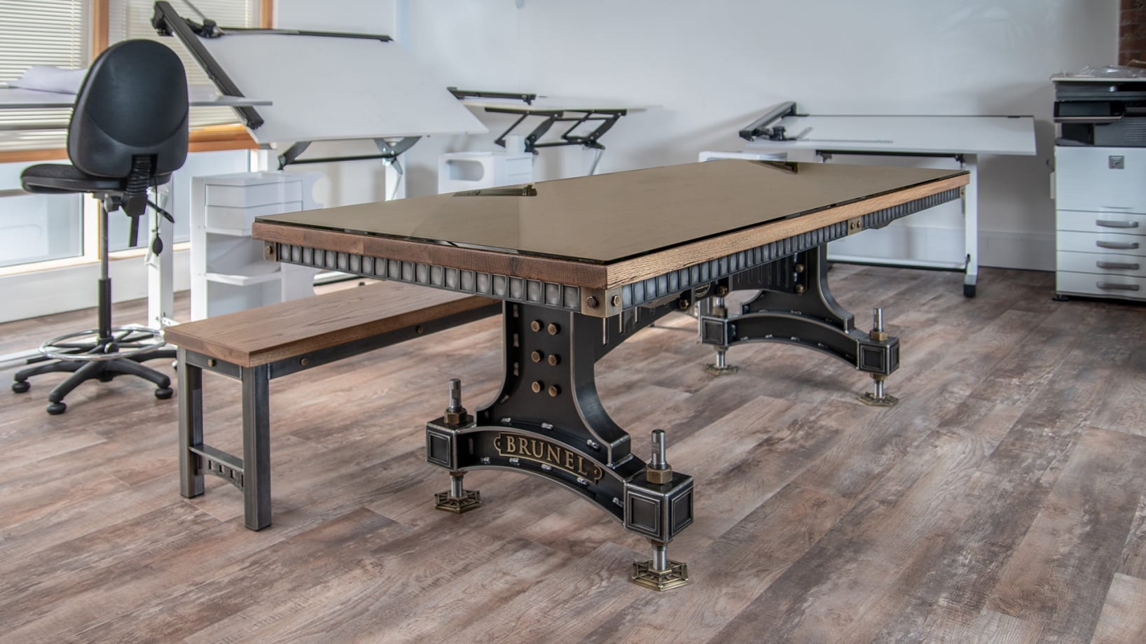 Steel Vintage Brunel table in situ Focus on Design