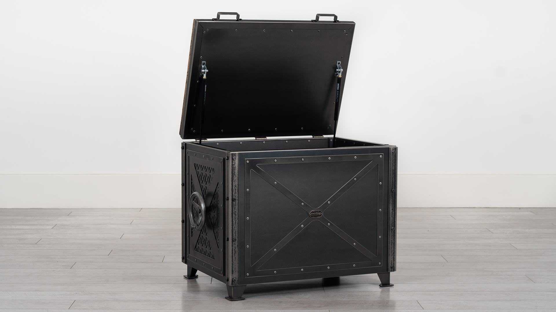 INDUSTRIAL STYLE STORAGE CHEST TOP WITH STEEL, GLASS AND OAK DETAILS