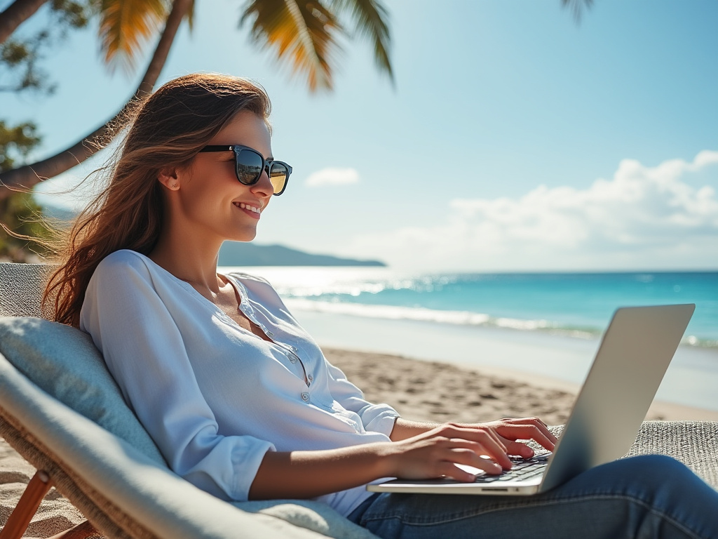 Freelancer relaxing on a beach with a laptop