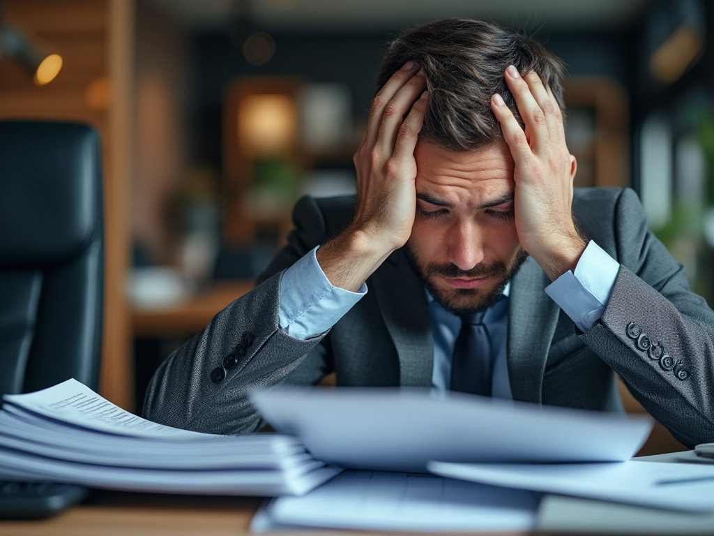 A businessperson looking stressed while reviewing a stack of resumes or vendor proposals