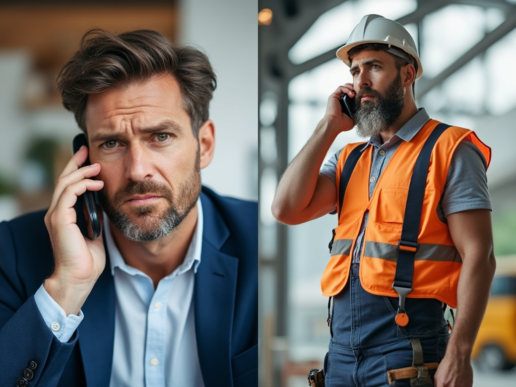 A businessperson on the phone, looking frustrated while dealing with a contractor’s lack of communication