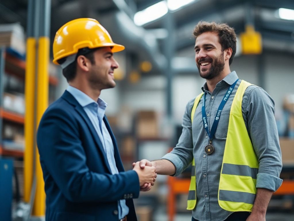 A businessperson smiling while shaking hands with a contractor, symbolizing a successful partnership formed through Qvian