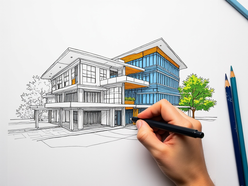 A hand drawing a building on paper