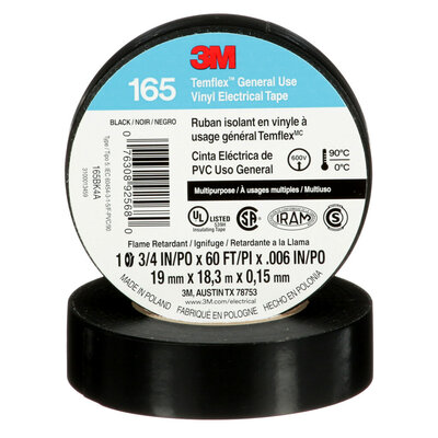 3M Temflex 165 Ruban électrique isolant en vinyle, noir, 19 mm x