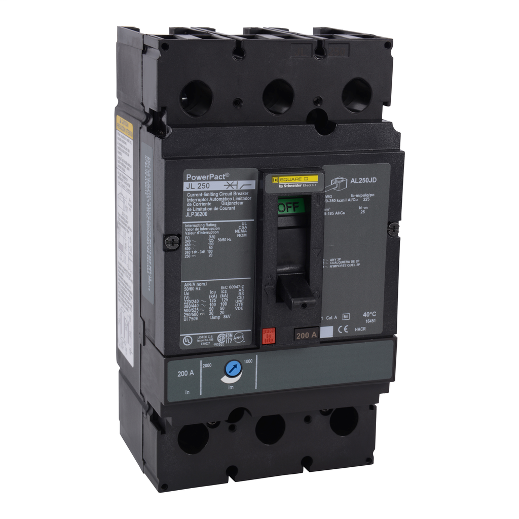 Square D™ PowerPact™ JLP36225 Molded Case Circuit Breaker, 600 VAC, 225 A, 3 Poles, Thermal