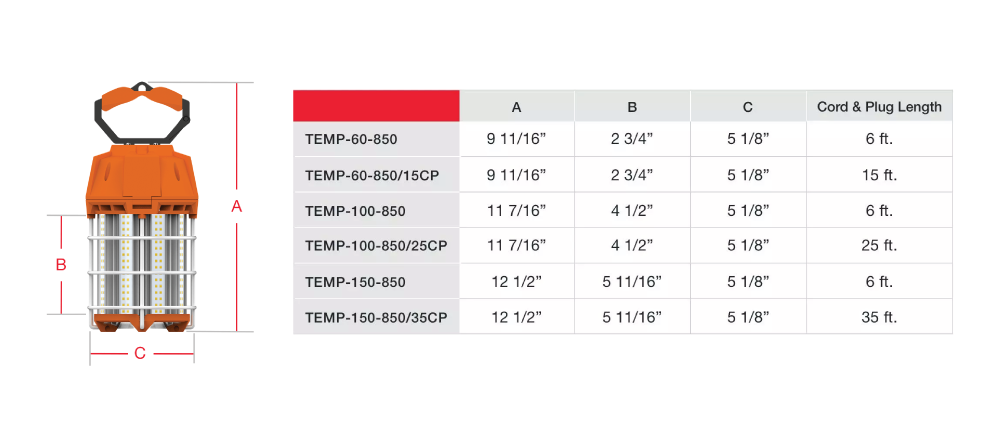 Temp Light Dimensions Table