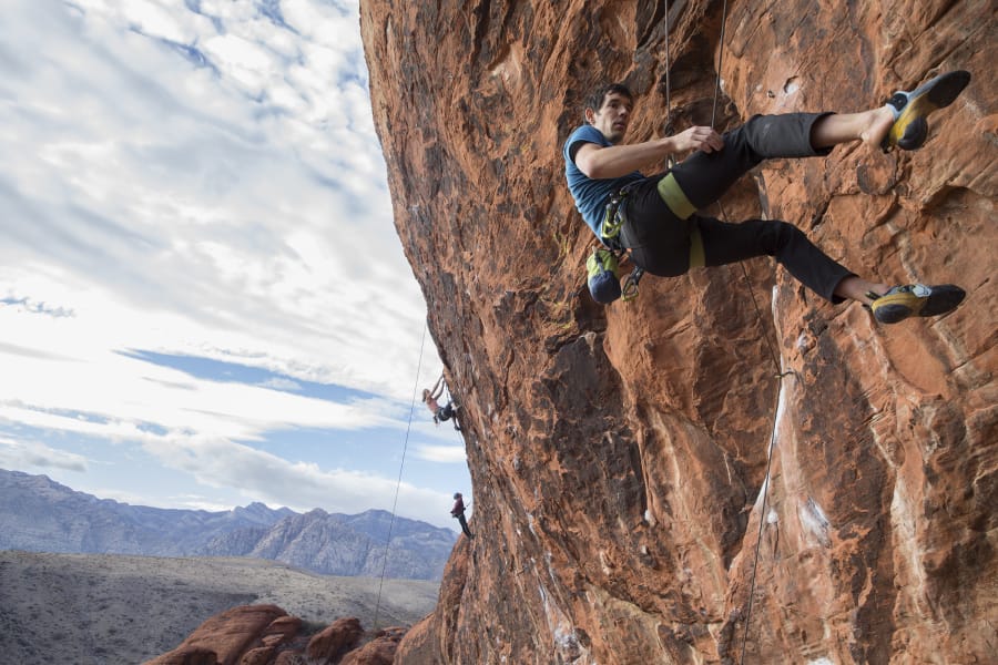 Alex Honnold descends The Gallery at Red Rock Canyon on Dec. 17, 2018, in Las Vegas. Honnold, arguably the best rock climber in the world, solo climbed El Capitan, a 3,000-foot granite wall in Yosemite National Park in 2017. (Benjamin Hager / Las Vegas Review-Journal)