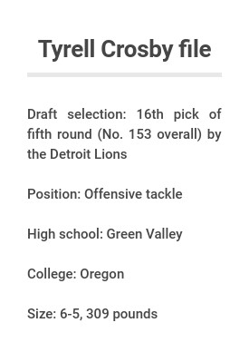 Oregon left tackle Tyrell Crosby drafted No. 153 overall by the Detroit  Lions, Football