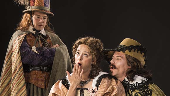 Brandon Burk (left) as Cliton, Betsy Mugavero as Clarice and Jeb Burris as Dorante in the Utah Shakespeare Festival's 2018 production of 