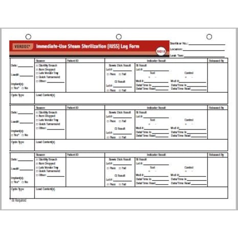 STERIS Product Number RK018 VERDOC FLASH STERILIZATION LOG (100 FORMS/BX)