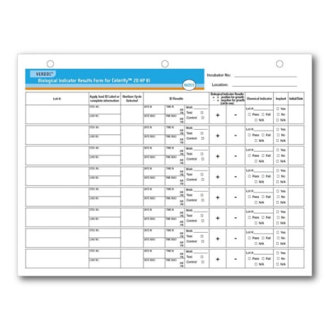 STERIS Product Number RK059 VERDOC BIOLOGICAL INDICATOR RESULTS FORM FOR CELERITY 20 HP BI (PAD OF 100)